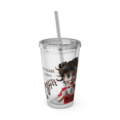 16oz Straw Tumbler — "No Talking Before Coffee" Cute Cartoon Girl Design