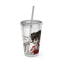 16oz Straw Tumbler — "No Talking Before Coffee" Cute Cartoon Girl Design