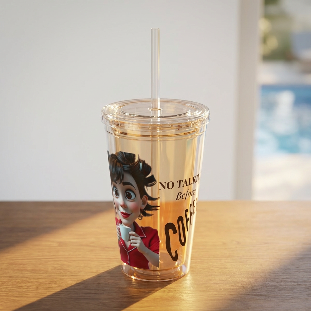 16oz Straw Tumbler — "No Talking Before Coffee" Cute Cartoon Girl Design